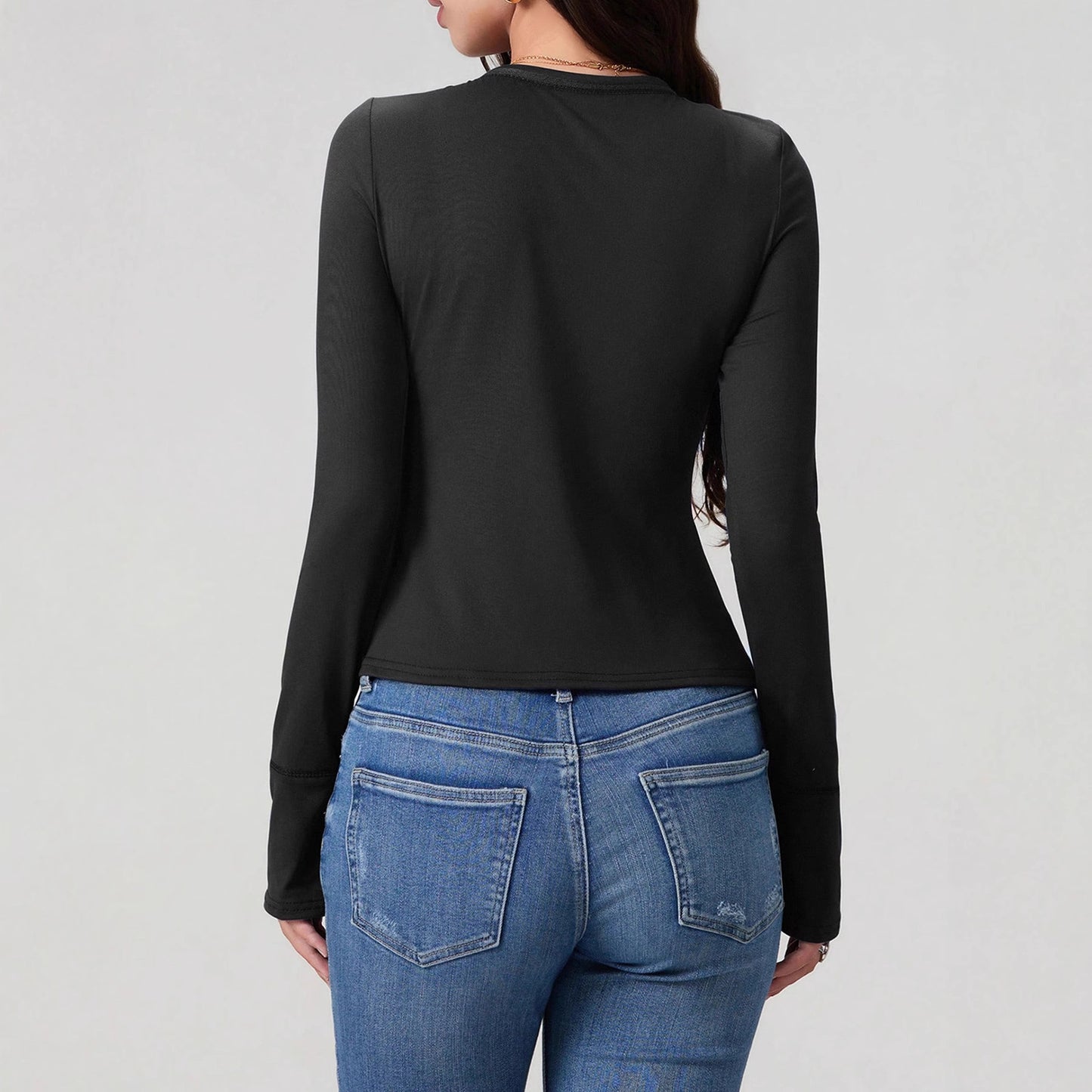 Black V-neck Long Sleeve Top For Women
