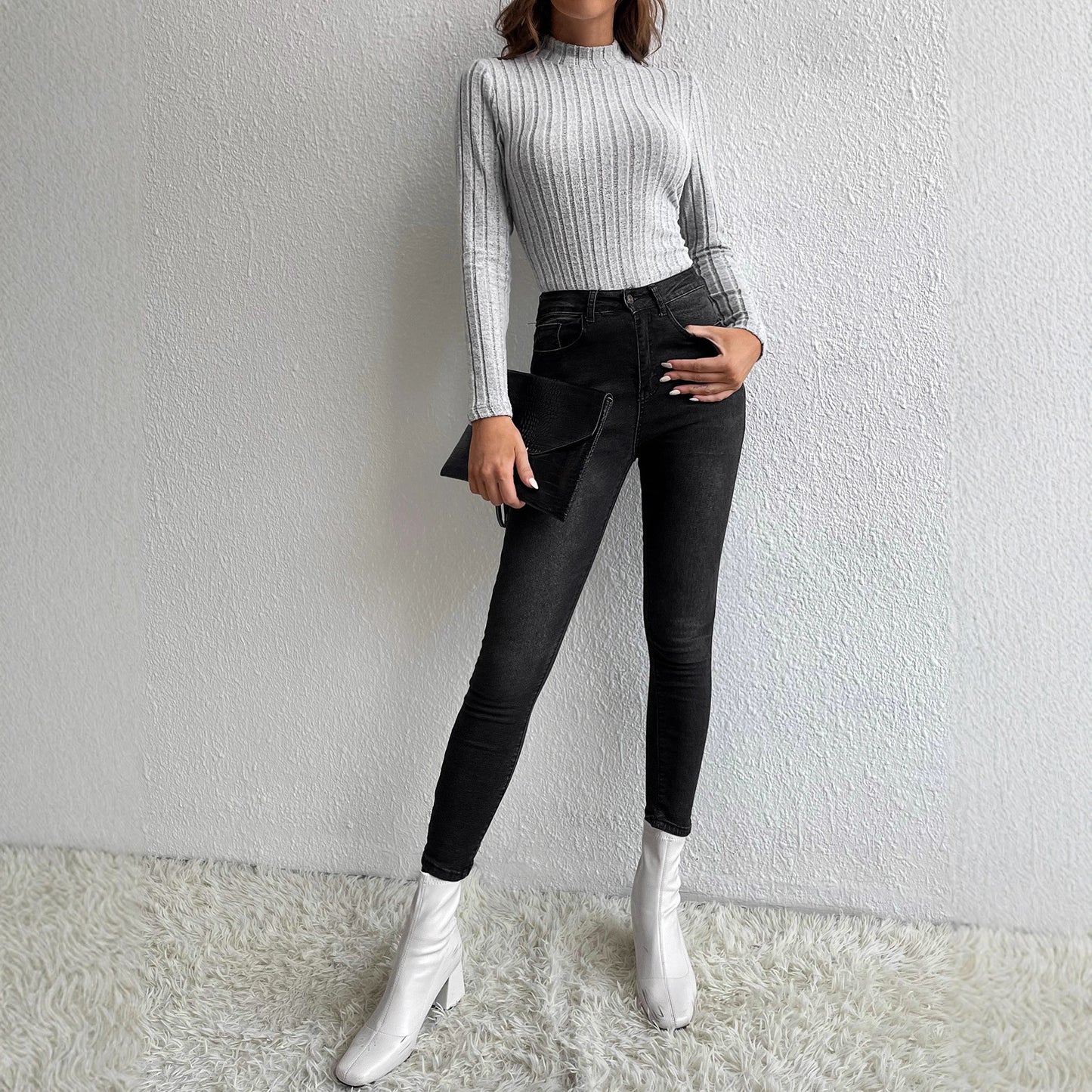 Women's Skinny Inner Match Solid Color Rib Fabric Top