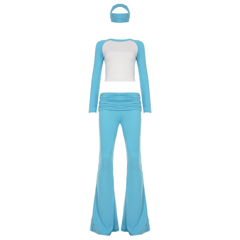 American Casual Sports Suit Basic Style Color Contrast Long Sleeve T-shirt Waist Pants Fitness Three-piece Set