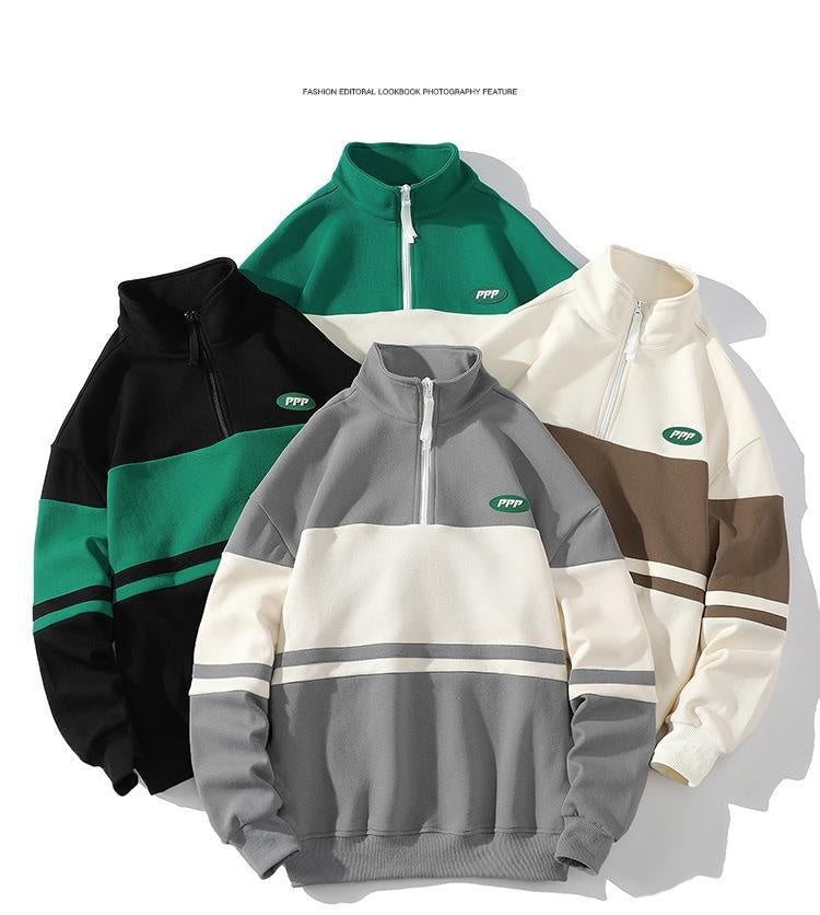 Stand Collar Sweater Men's European And American Campus Sports Loose Casual Contrast Color Bottoming Shirt