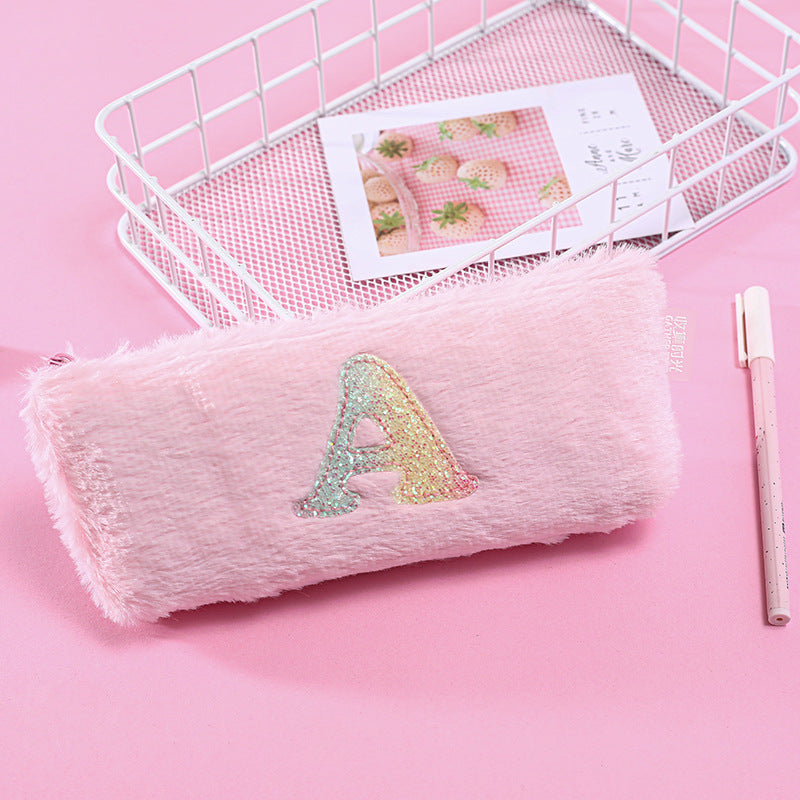 Fashionable Portable Simple Plush Letter Square Pencil Pouch