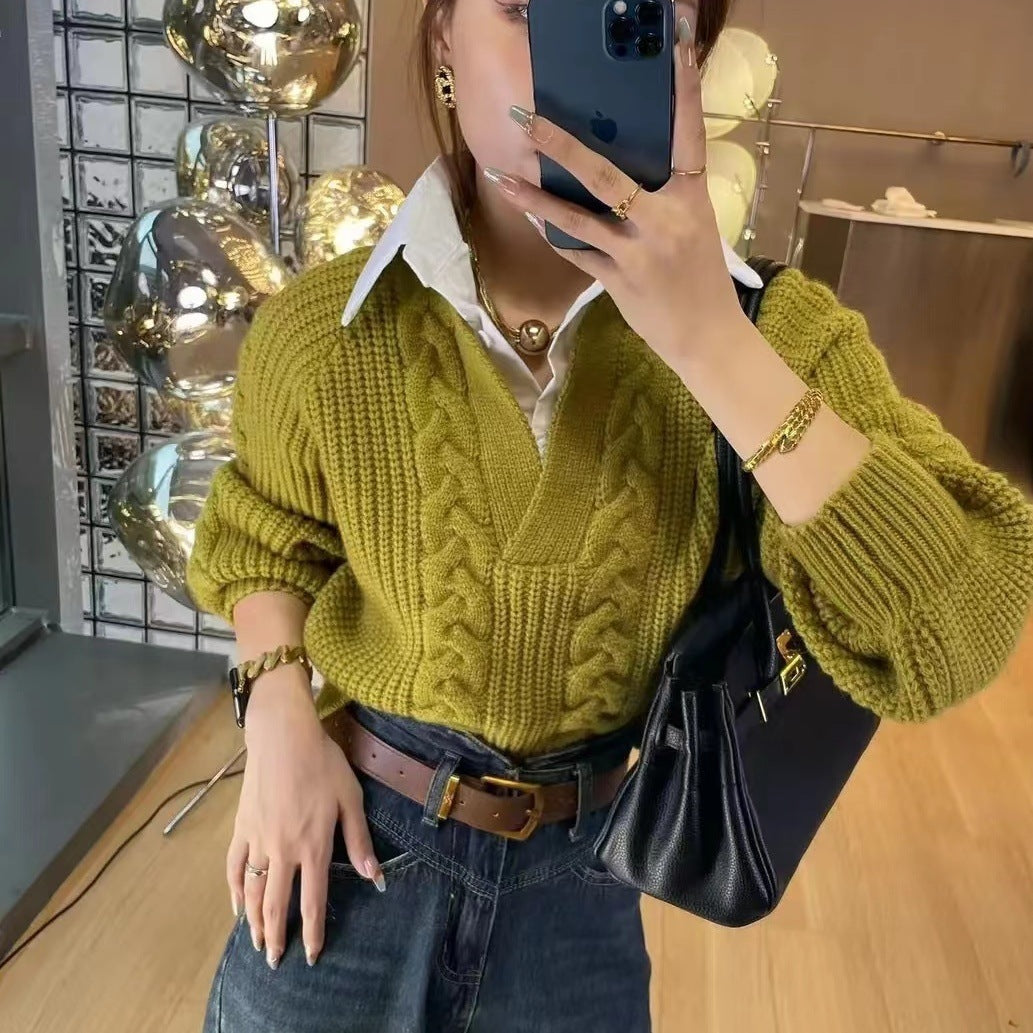 False Two-piece Patchwork Shirt Sweater Women