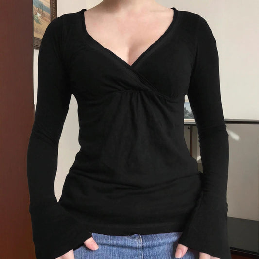 Black V-neck Long Sleeve Top For Women