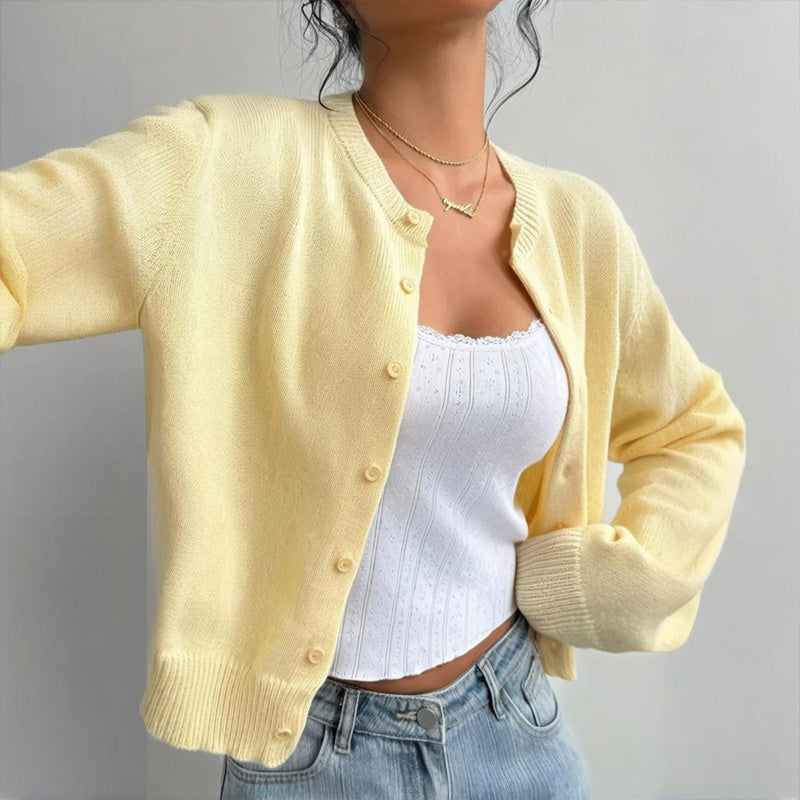 Women's Solid Color Button-Up Cardigan - Ribbed Detail Long Sleeve Knit Open Front Sweater Lightweight Spring&Fall Top