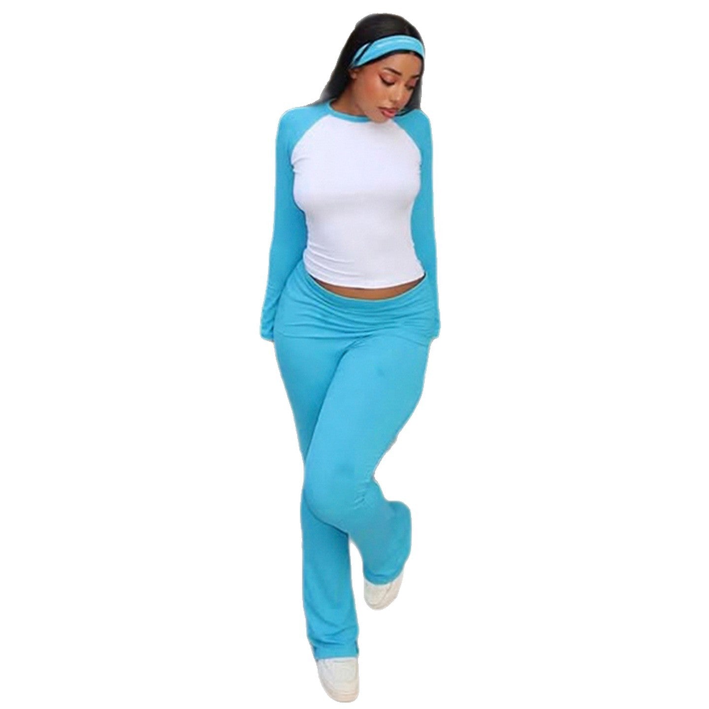 American Casual Sports Suit Basic Style Color Contrast Long Sleeve T-shirt Waist Pants Fitness Three-piece Set