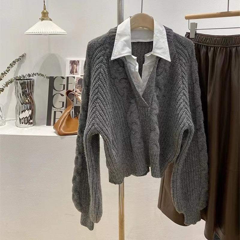 False Two-piece Patchwork Shirt Sweater Women