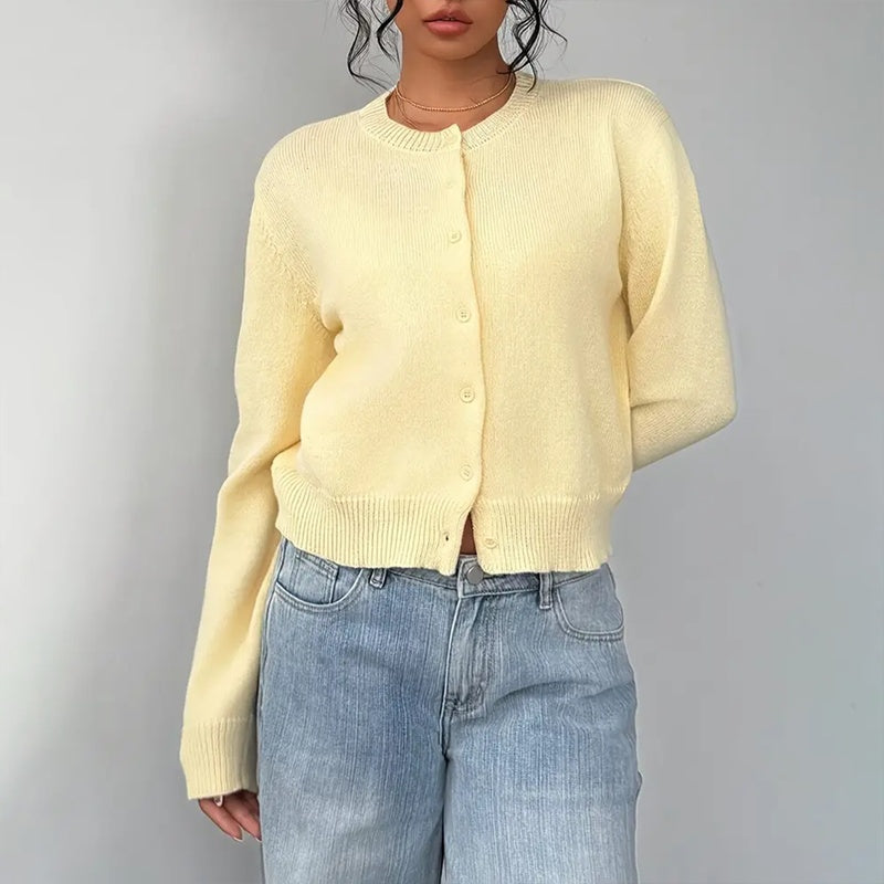 Women's Solid Color Button-Up Cardigan - Ribbed Detail Long Sleeve Knit Open Front Sweater Lightweight Spring&Fall Top