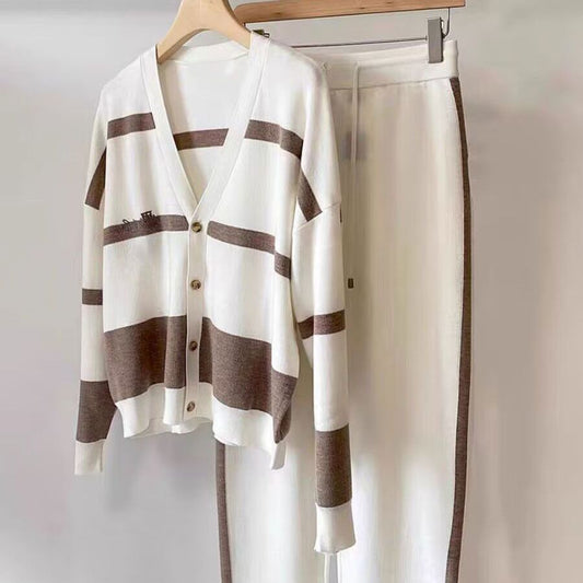 Autumn And Winter Leisure Striped Knitted Cardigan Top Wide Leg Pants Two-piece Suit