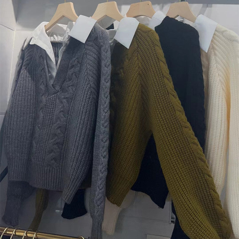 False Two-piece Patchwork Shirt Sweater Women