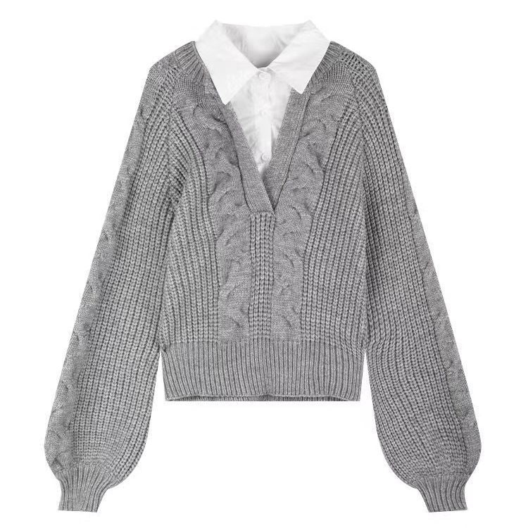 False Two-piece Patchwork Shirt Sweater Women