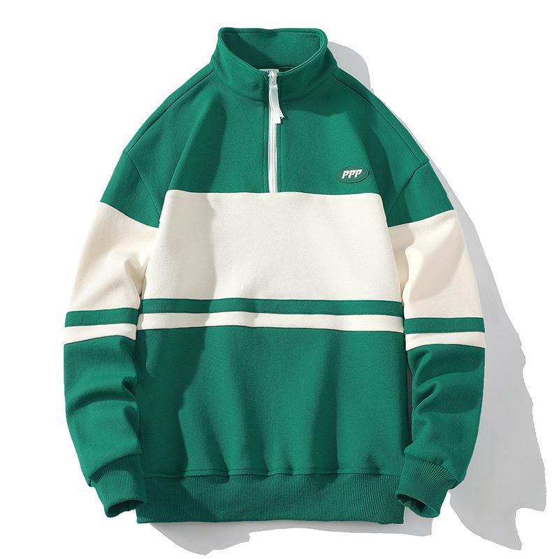 Stand Collar Sweater Men's European And American Campus Sports Loose Casual Contrast Color Bottoming Shirt