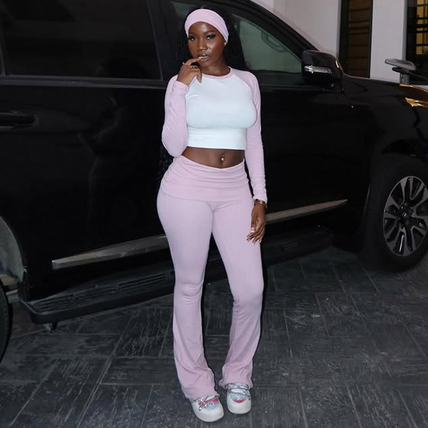 American Casual Sports Suit Basic Style Color Contrast Long Sleeve T-shirt Waist Pants Fitness Three-piece Set